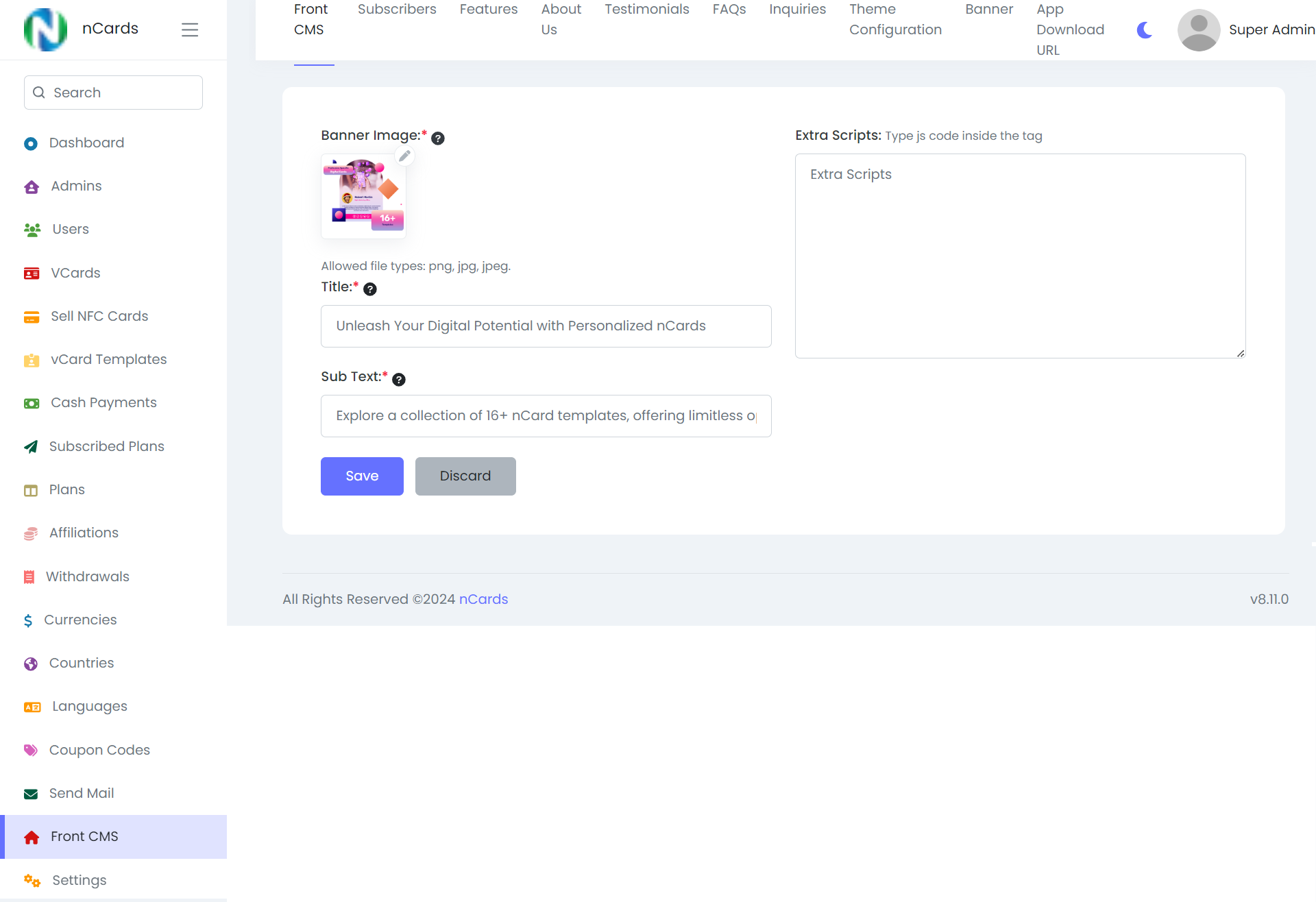 Digital business card — admin panel — Front CMS Setting
